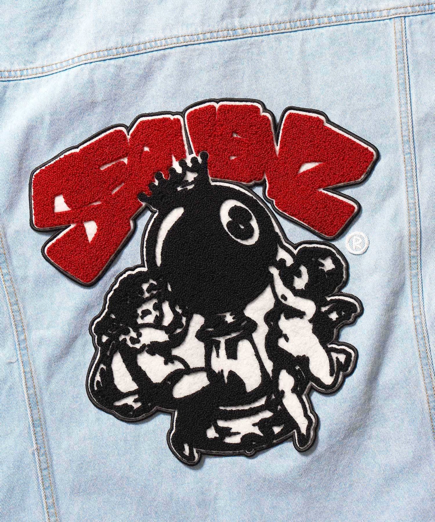 【SEQUENZ】 ANGELS DENIM JACKET / エイトボール サガラワッペン オーバーサイズ デニムジャケット サックスブルー
