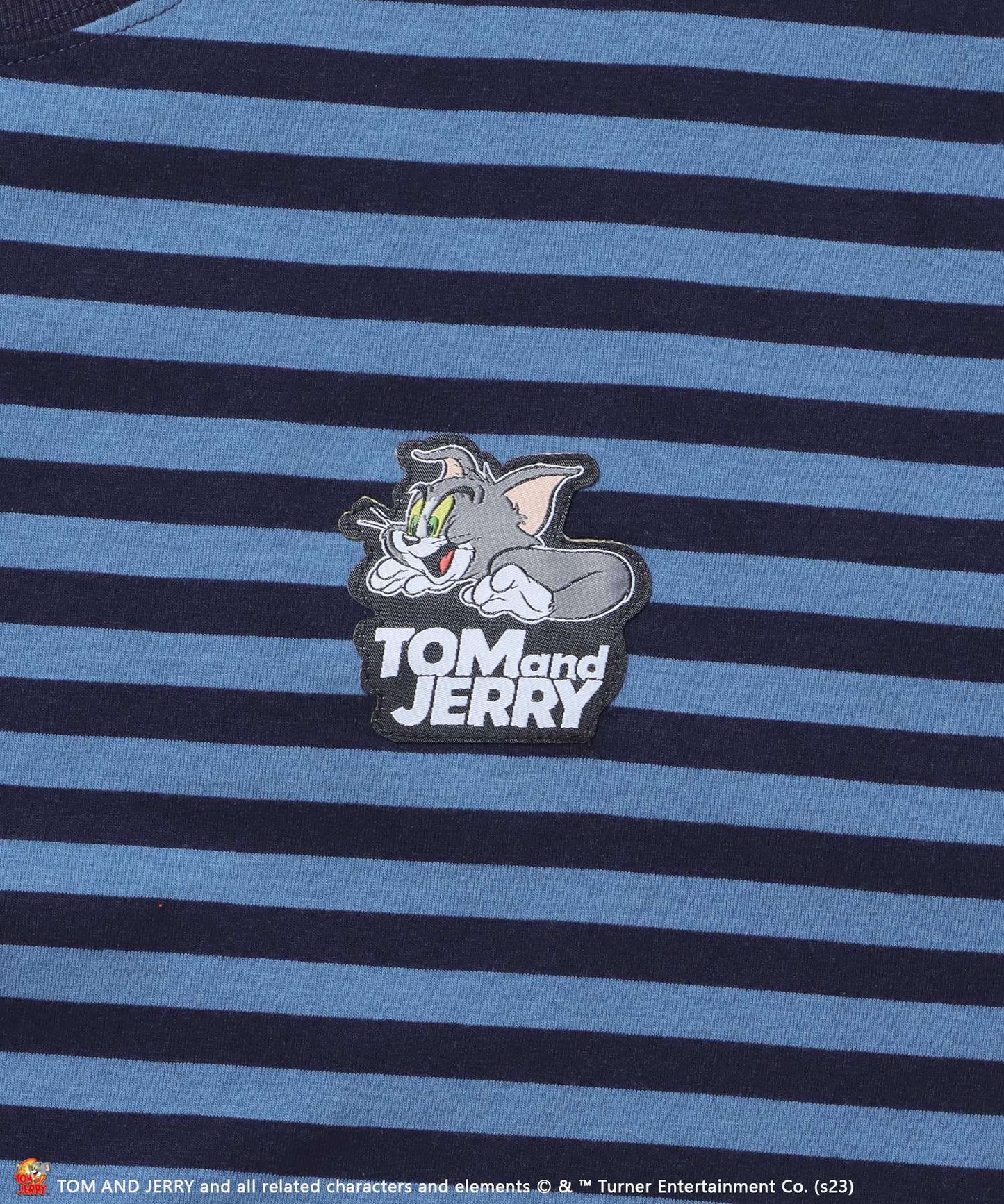 【SEQUENZ】 TOM and JERRY BORDER L/S TEE / トムとジェリー ロンT ビックサイズ キャラクター 刺繍 リンガー Tシャツ ブルー