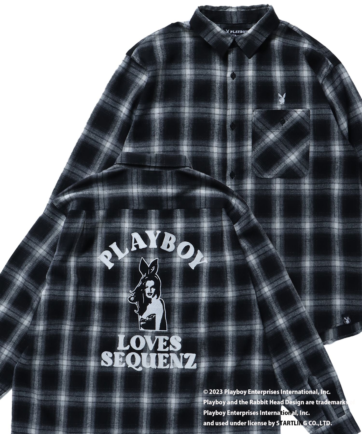 【SEQUENZ】プレイボーイ オンブレ チェック ビックサイズ チェーン刺繍 バニーヘッド シャツ ブラック