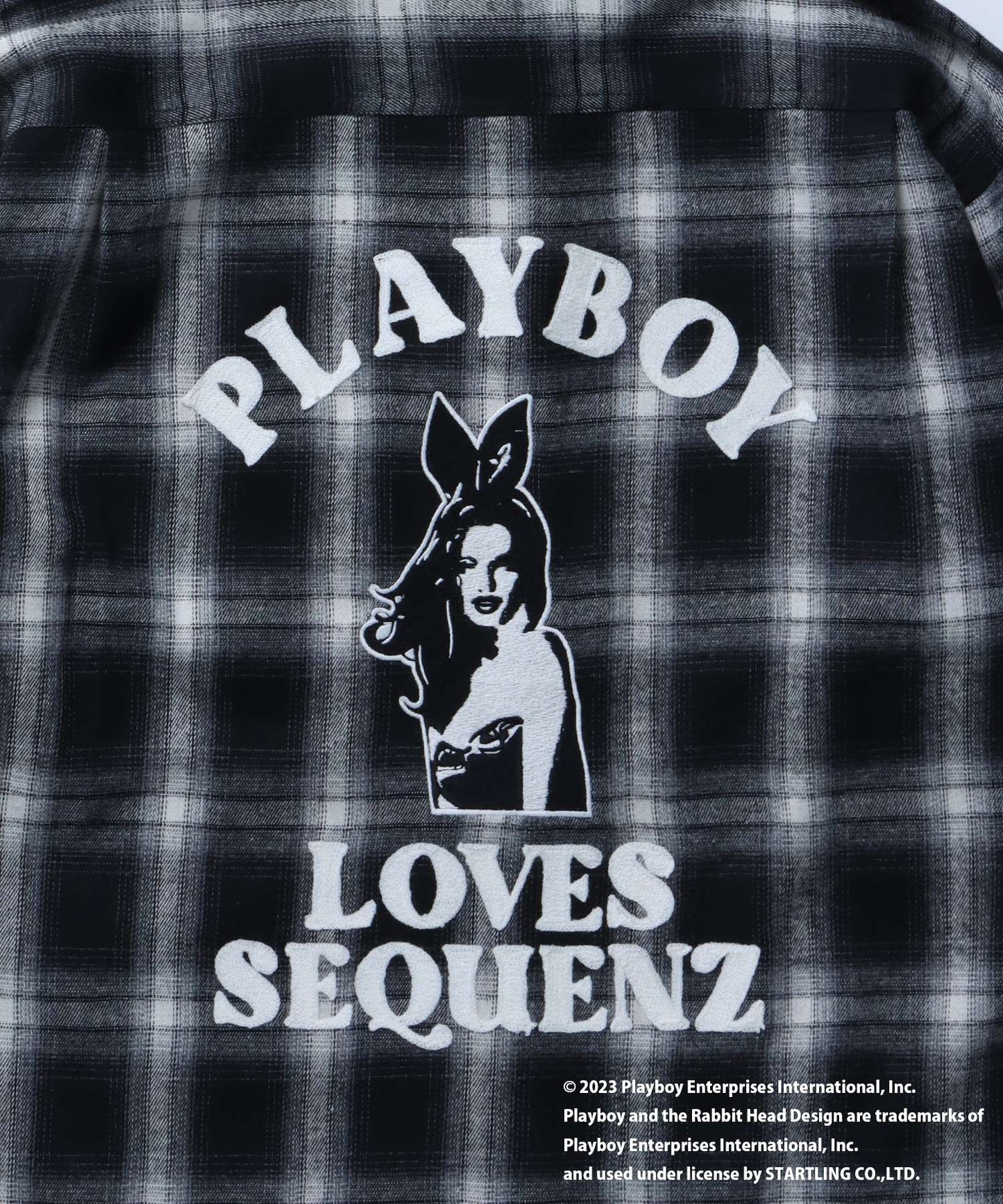 【SEQUENZ】 PLAYBOY BUNNY OMBLE L/S SHIRT / プレイボーイ オンブレ チェック ビックサイズ チェーン刺繍 バニーヘッド シャツ ブラック