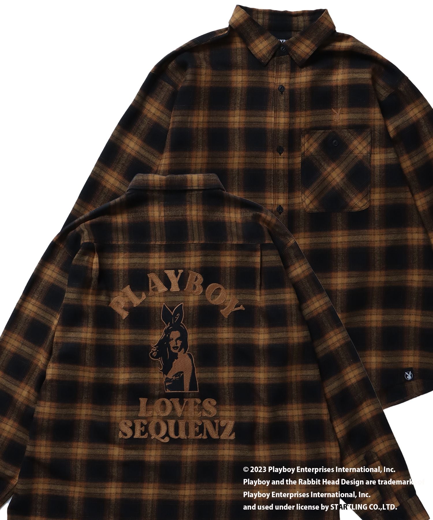 【SEQUENZ】プレイボーイ オンブレ チェック ビックサイズ チェーン刺繍 バニーヘッド シャツ キャメル