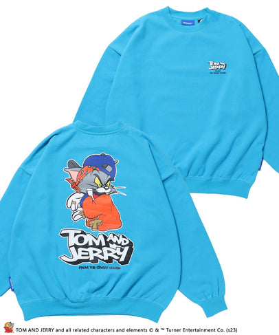 TOM and JERRY 90s STYLE CN SWEATSHIRTS/ トムとジェリー ストリート 古着風 ロゴ ペアコーデ クルーネック スウェット スカイブルー