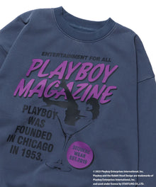 【SEQUENZ】 PLAYBOY VINTAGE MAGCOVER CN / プレイボーイ ロック バニー バイオウォッシュ ヴィンテージ クルーネック スウェット ブルーグレー