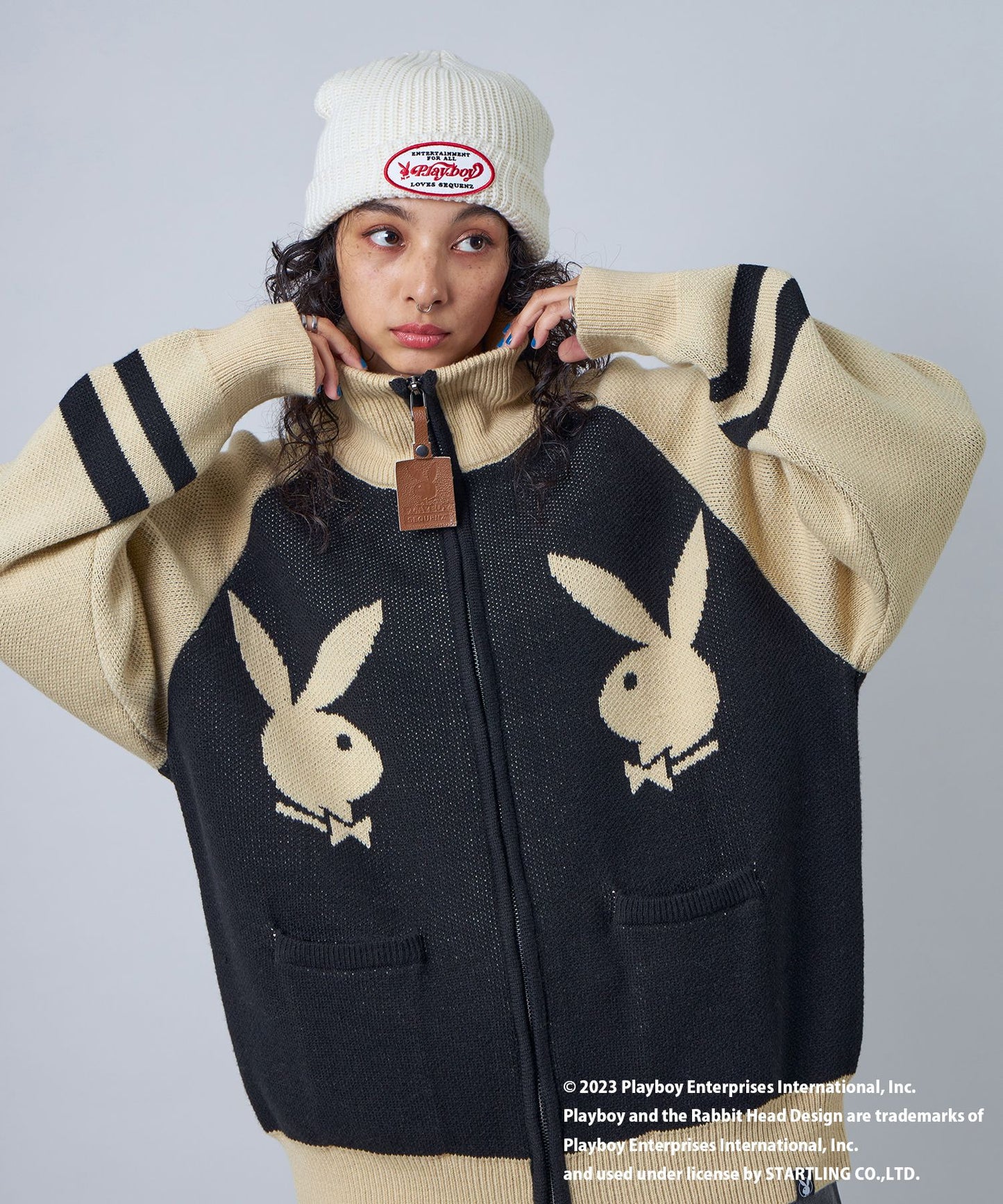 【SEQUENZ】 PLAYBOY BUNNY BEANIE / プレイボーイ うさ耳 地雷系 ワッペン バニーヘッド ニット帽 ビーニー 帽子 キャップ ホワイト