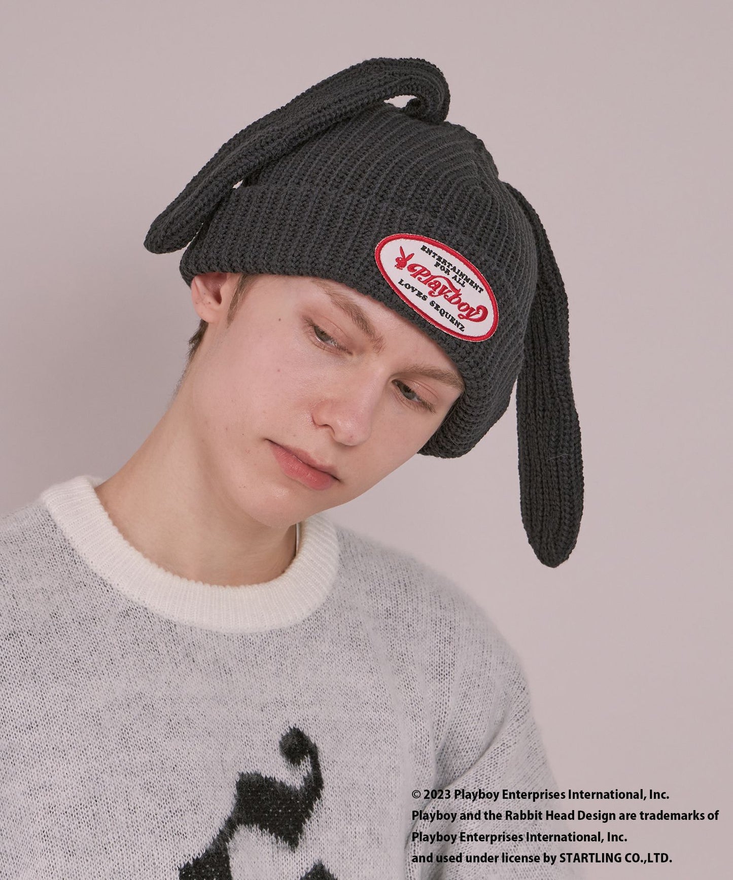 【SEQUENZ】 PLAYBOY BUNNY BEANIE / プレイボーイ うさ耳 地雷系 ワッペン バニーヘッド ニット帽 ビーニー 帽子 キャップ ブラック