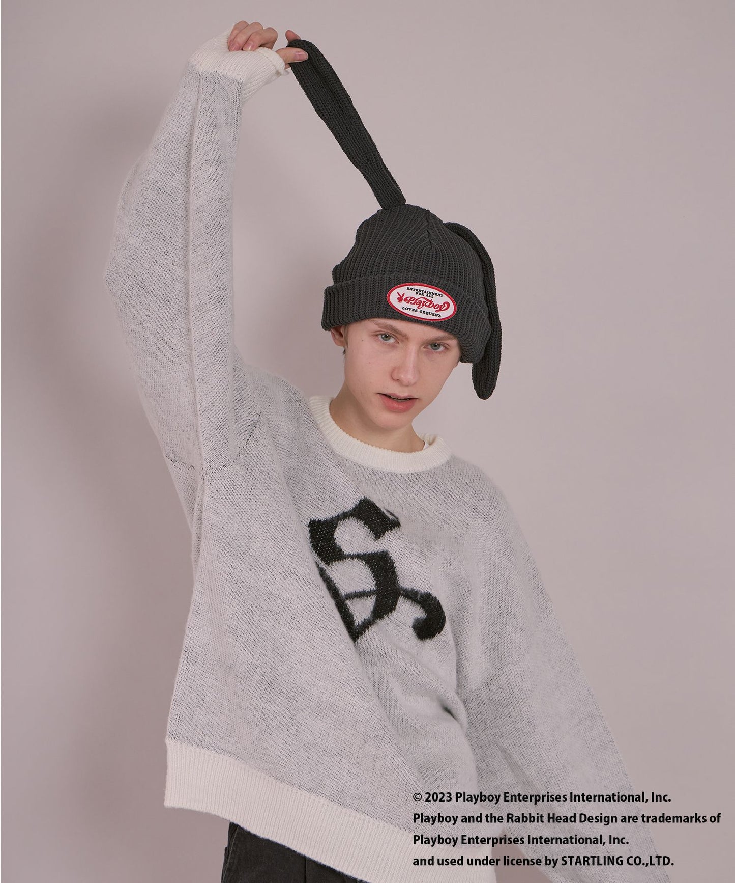 【SEQUENZ】 PLAYBOY BUNNY BEANIE / プレイボーイ うさ耳 地雷系 ワッペン バニーヘッド ニット帽 ビーニー 帽子 キャップ ブラック