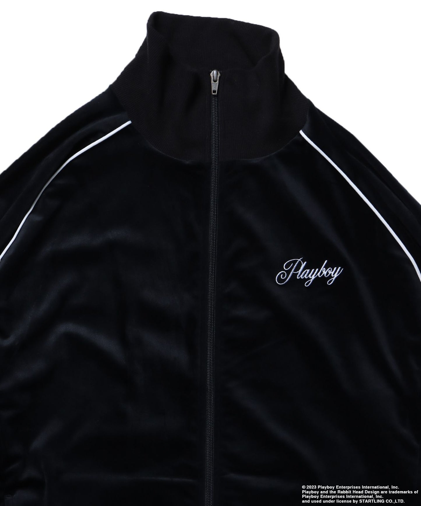 【SEQUENZ】 PLAYBOY SHINY TRUCK JACKET / プレイボーイ トラックジャケット 刺繍 ベロア ダイス バニー ブラック