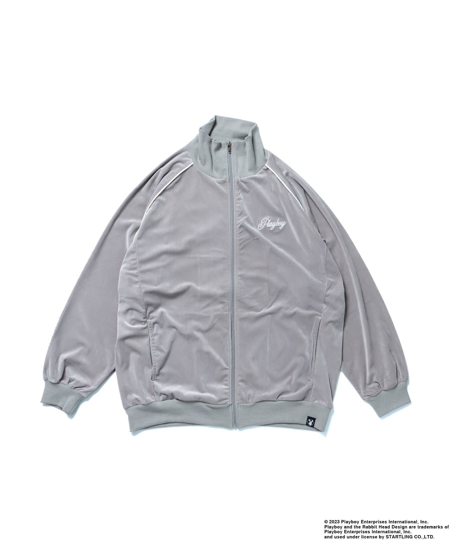 【SEQUENZ】 PLAYBOY SHINY TRUCK JACKET / プレイボーイ トラックジャケット 刺繍 ベロア ダイス バニー ライトグレー