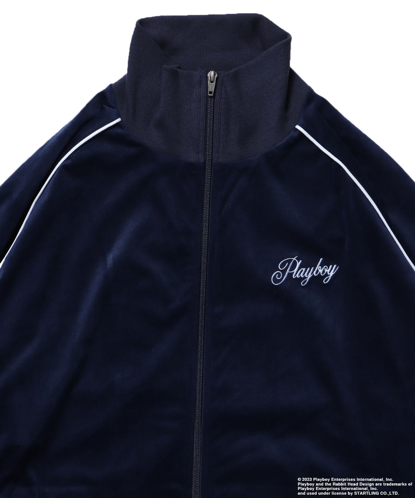 【SEQUENZ】 PLAYBOY SHINY TRUCK JACKET / プレイボーイ トラックジャケット 刺繍 ベロア ダイス バニー ネイビー