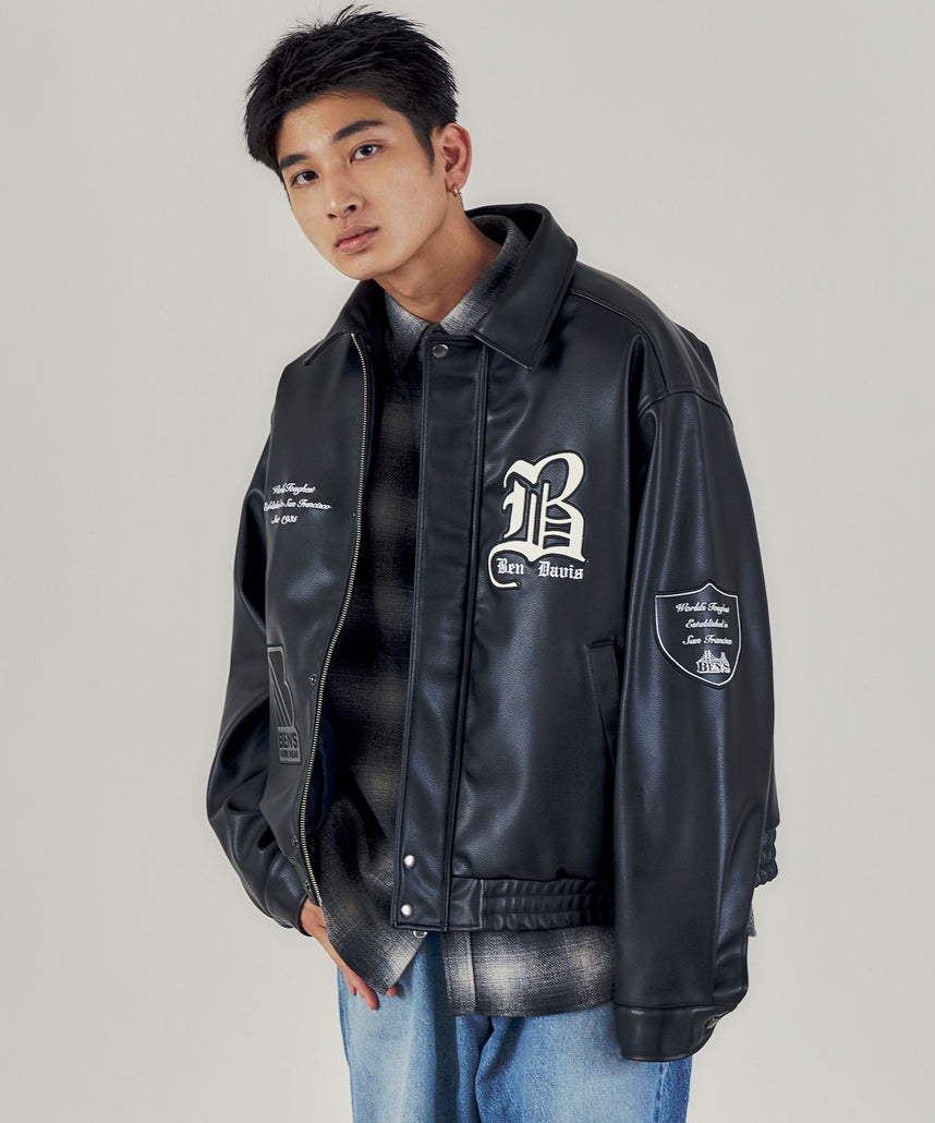 BEN DAVIS(ベンデイビス)】BD FAUX LEATHER JACKET / レザー ワッペン