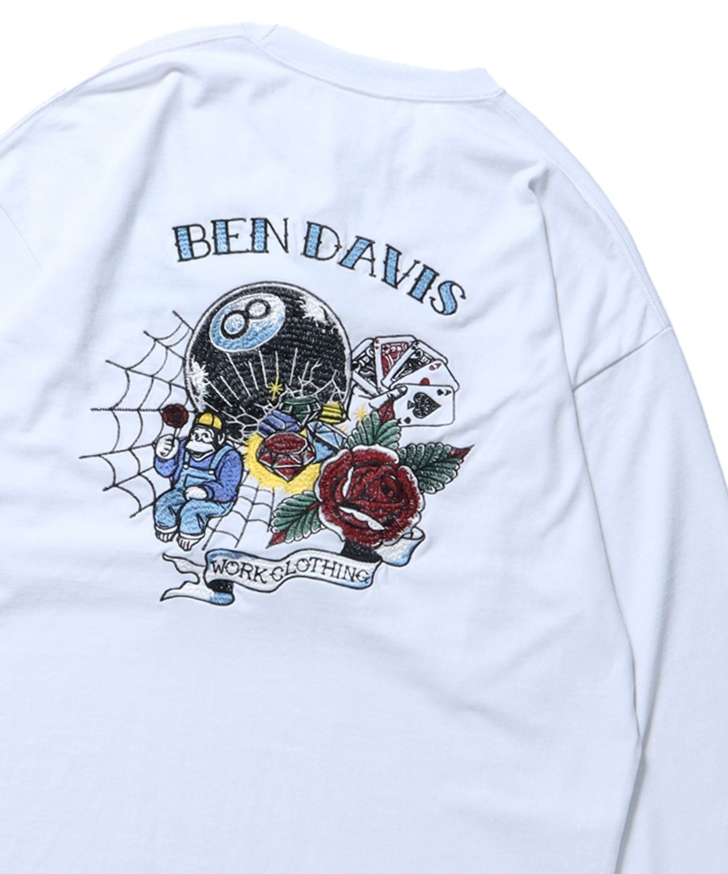 【BEN DAVIS(ベンデイビス)】ピーチ 刺繍 ピンボール バラ ロンT クルーネック ホワイト