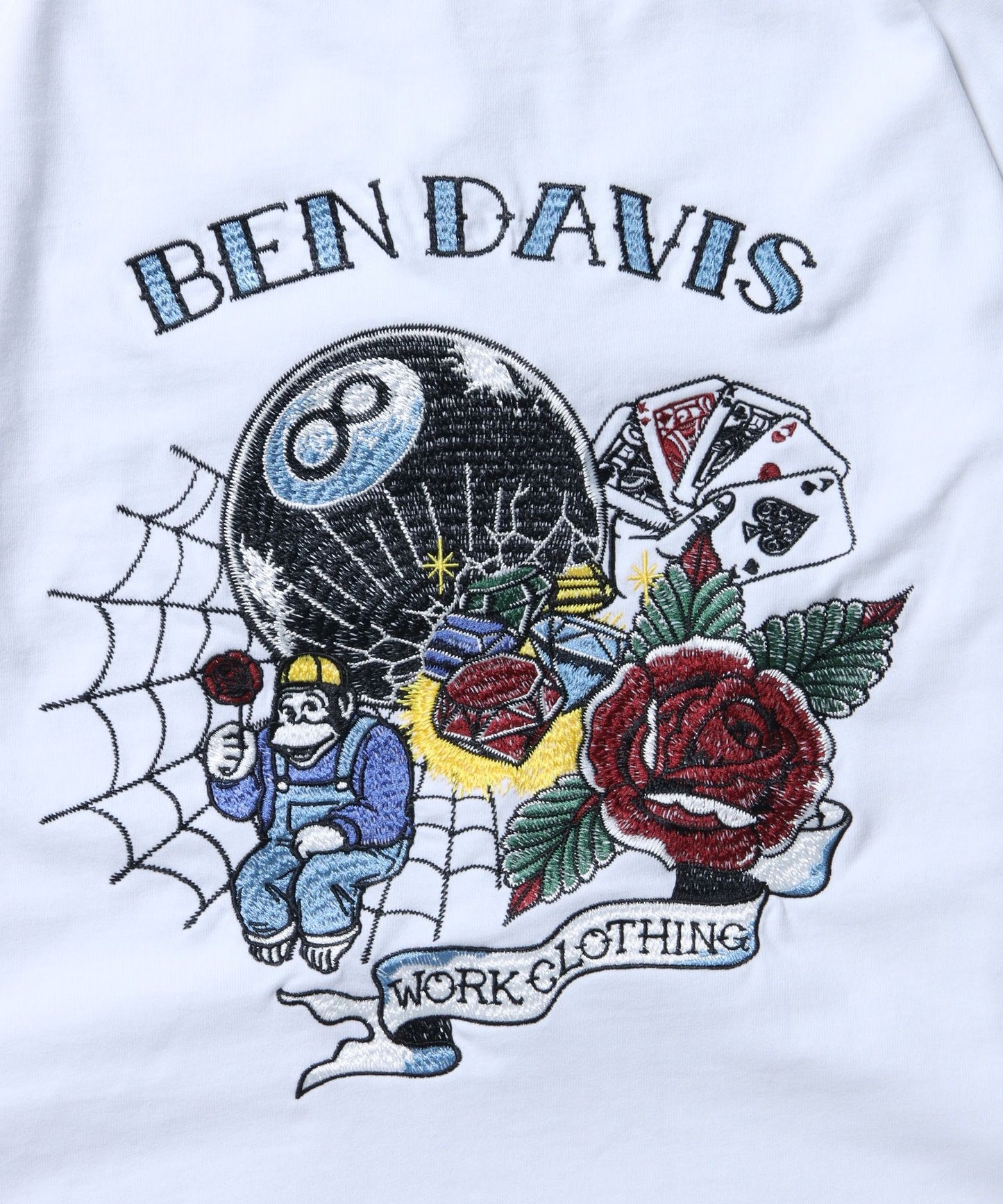 【BEN DAVIS(ベンデイビス)】 GOOD LUCK BRUSHED LS / ピーチ 刺繍 ピンボール バラ ロンT クルーネック ホワイト