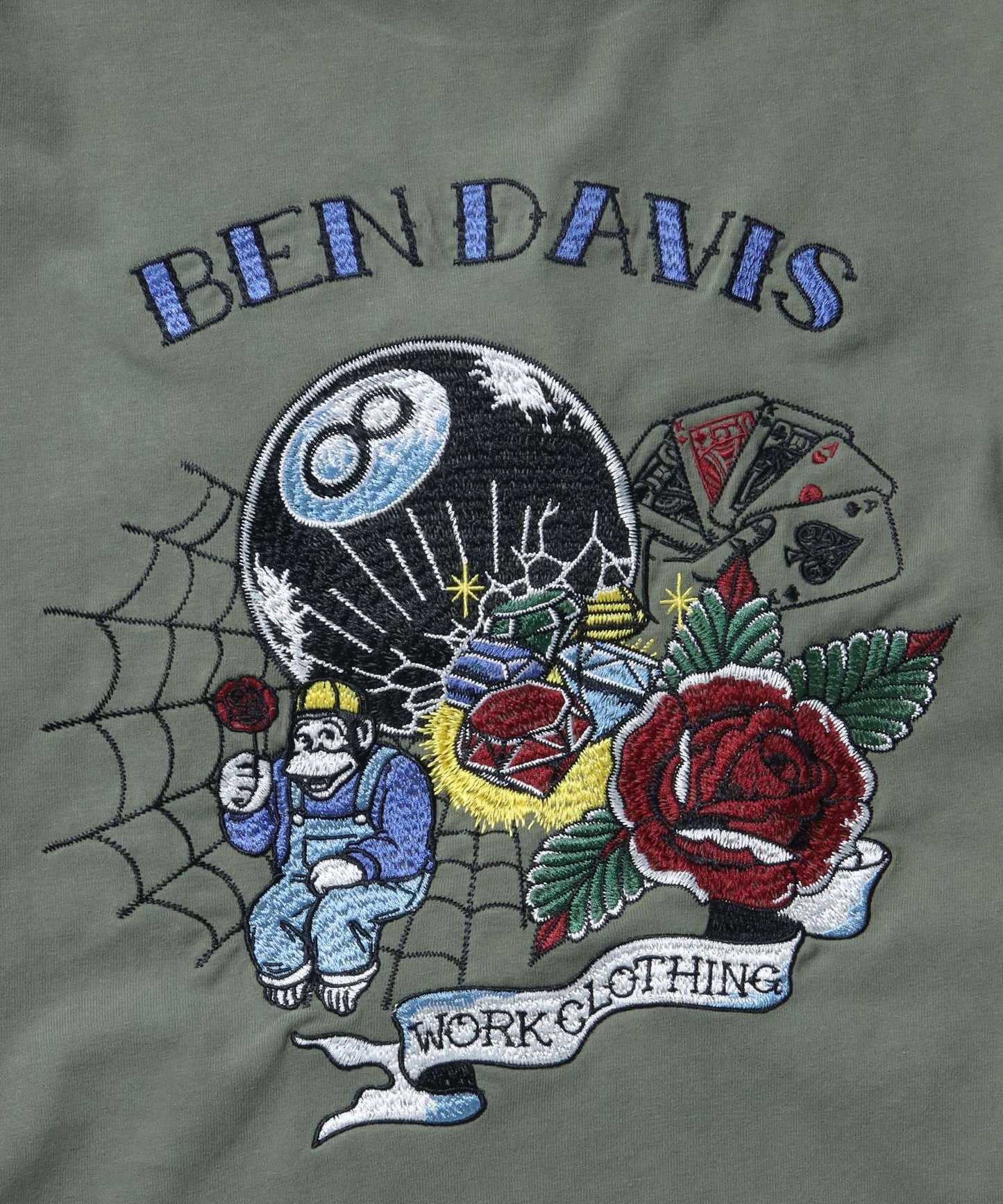 【BEN DAVIS(ベンデイビス)】 GOOD LUCK BRUSHED LS / ピーチ 刺繍 ピンボール バラ ロンT クルーネック カーキ