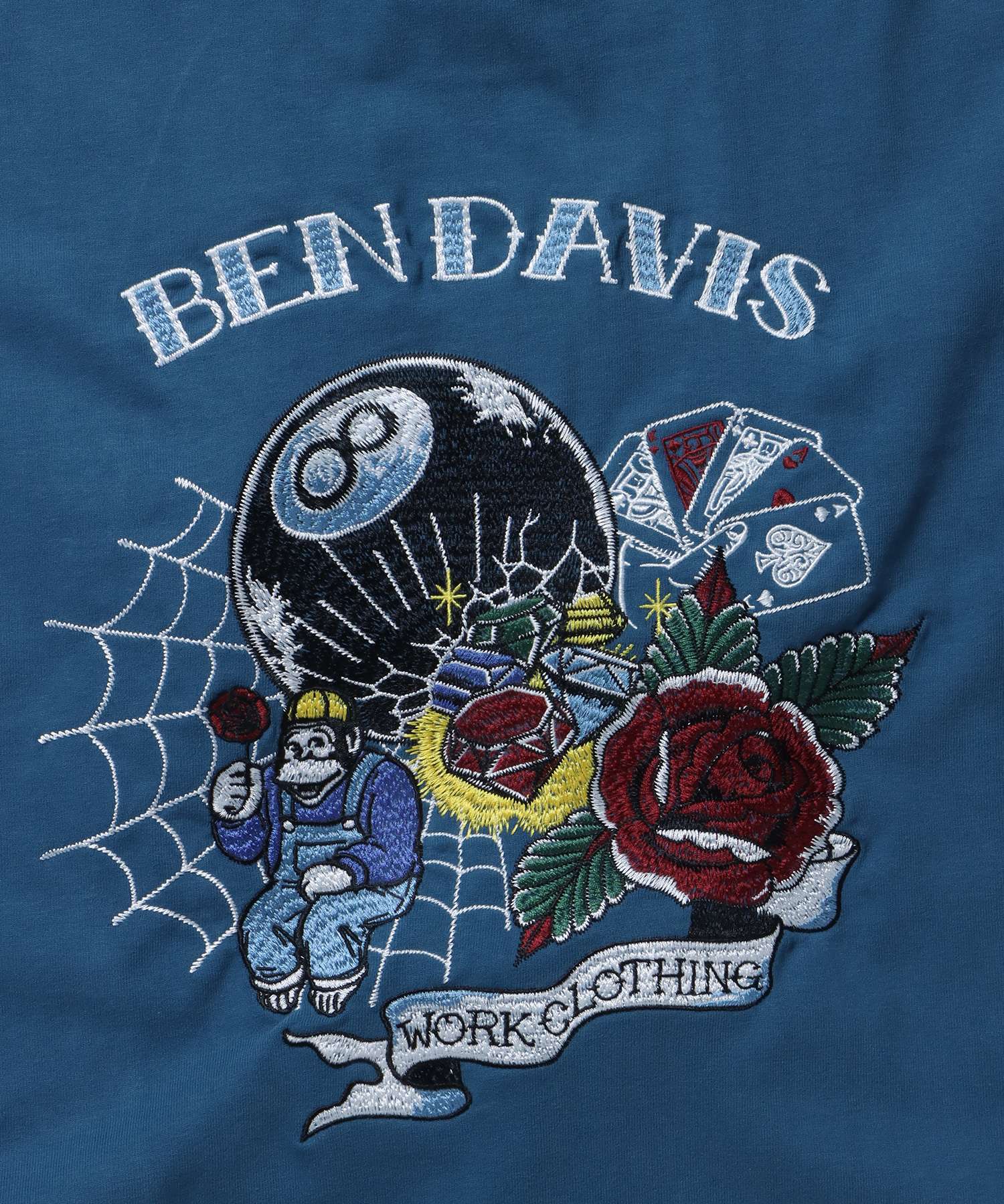 【BEN DAVIS(ベンデイビス)】 GOOD LUCK BRUSHED LS / ピーチ 刺繍 ピンボール バラ ロンT クルーネック ブルー