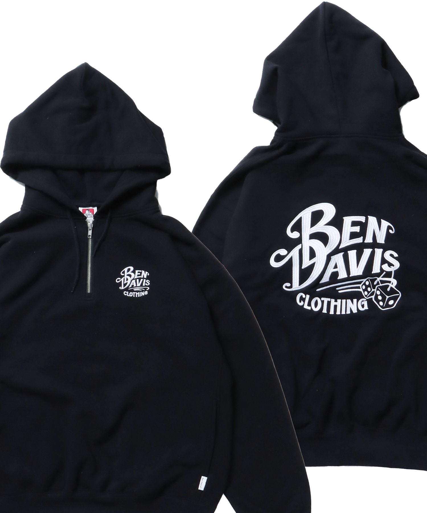【BEN DAVIS(ベンデイビス)】刺繍 アメリカ ロゴ ハーフジップ スウェット パーカー フーディー ブラック