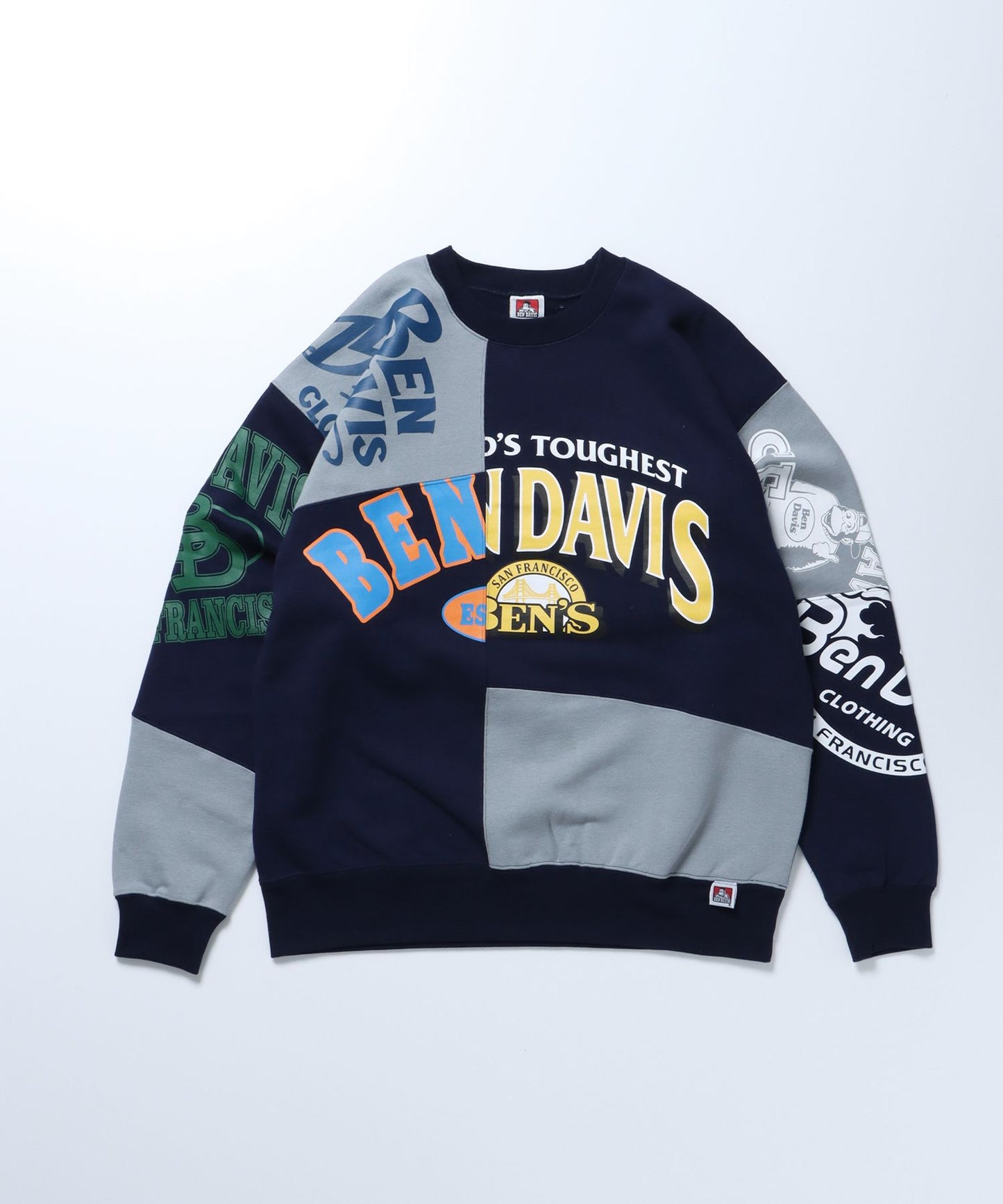 【BEN DAVIS(ベンデイビス)】 FRANKEN CREW SWEAT / ロゴ ビッグ ラバー スウェット パッチワーク クルーネック ネイビー