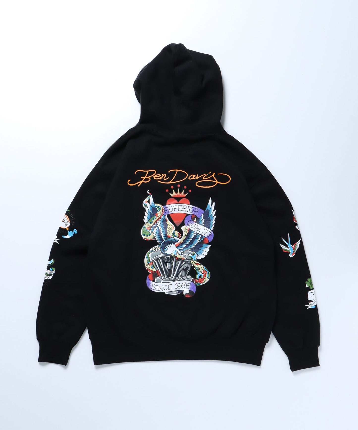 【BEN DAVIS(ベンデイビス)】 OLDIES INKED HOODIE / クラシック タトゥー アメリカン ダイス パーカー ブラック