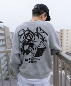【SEQUENZ】 OLD SKOOL SWEATER / ダイス ハート ビックシルエット クルーネック ニット グレー