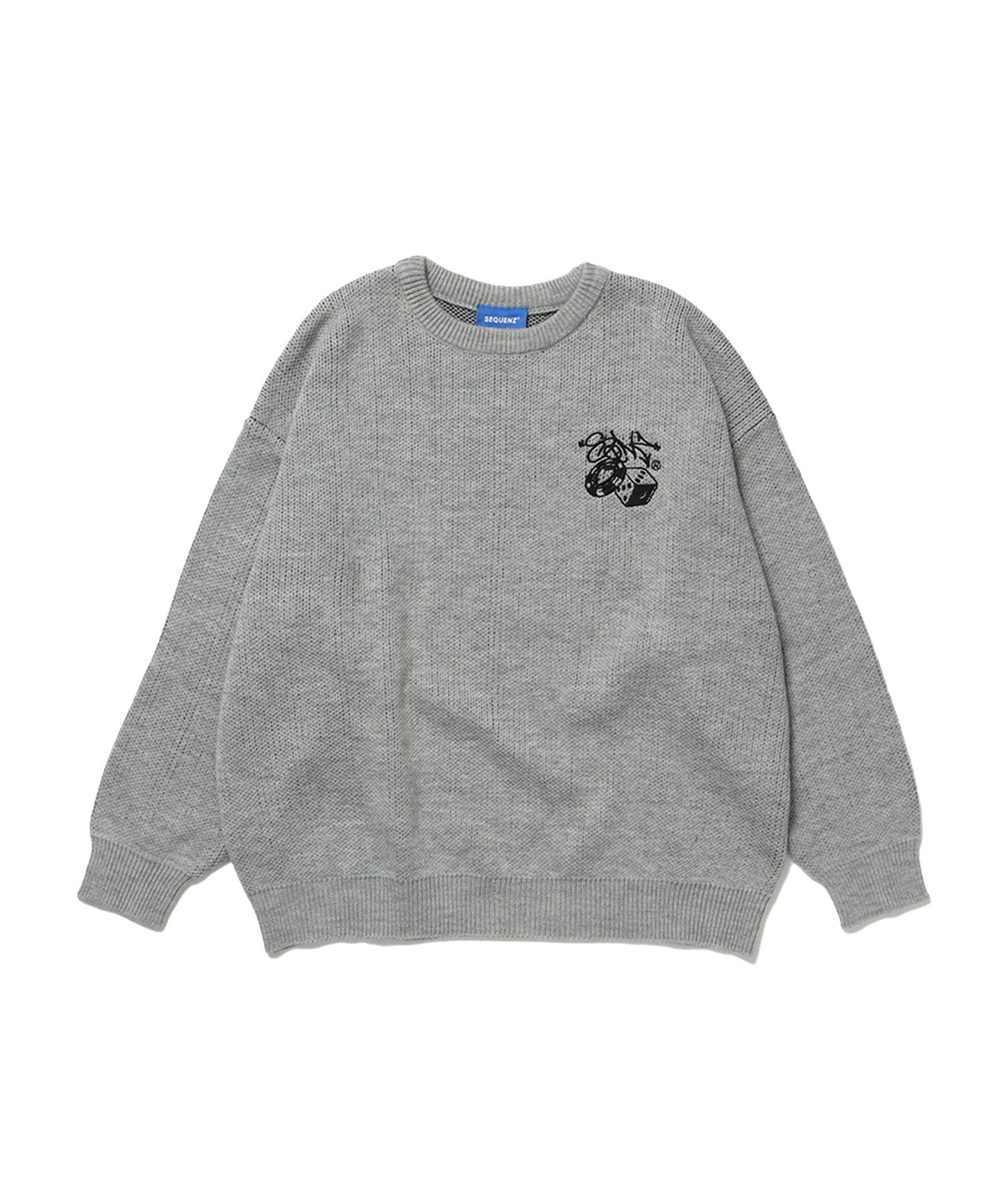 【SEQUENZ】 OLD SKOOL SWEATER / ダイス ハート ビックシルエット クルーネック ニット グレー