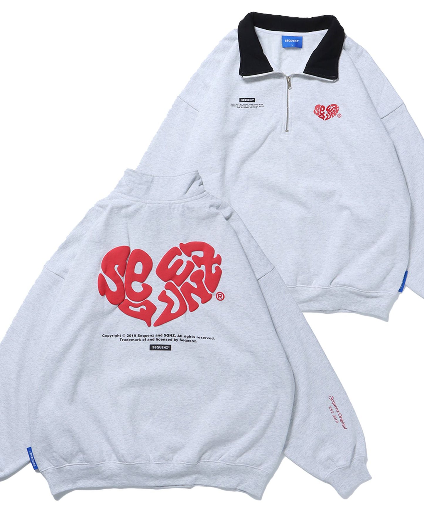 【SEQUENZ】 BROKEN HEART LOGO HALF ZIP SWEAT / 裏起毛 オーバーサイズ クルーネック スウェット 配色 アイボリー