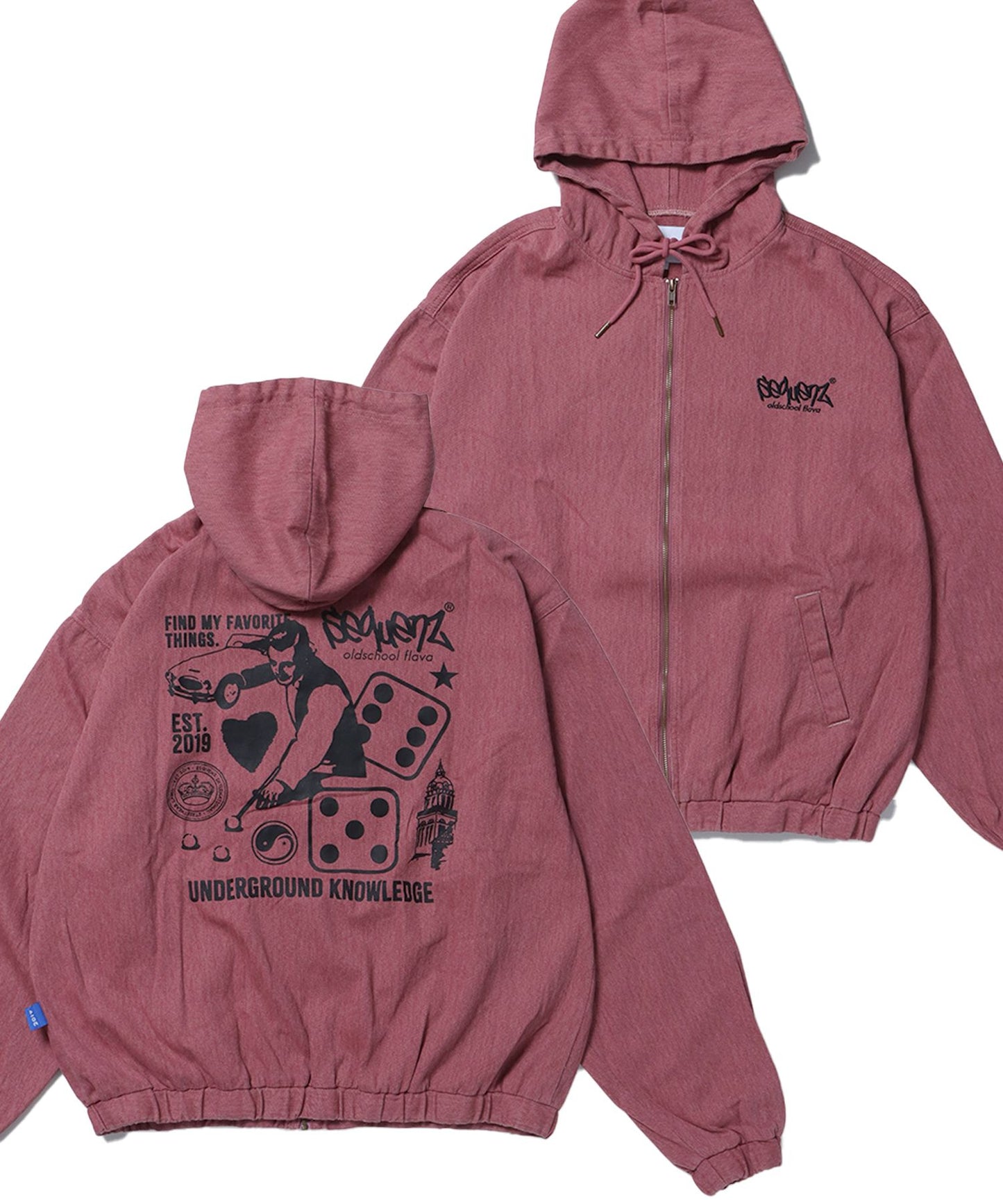 【SEQUENZ】COLLAGE OVERDYE TWILL HOODIE / ロゴ ビッグ スウェット ジップパーカー モノトーン ダイス ハート ストリート≪SET UP着用可能≫ ピンク