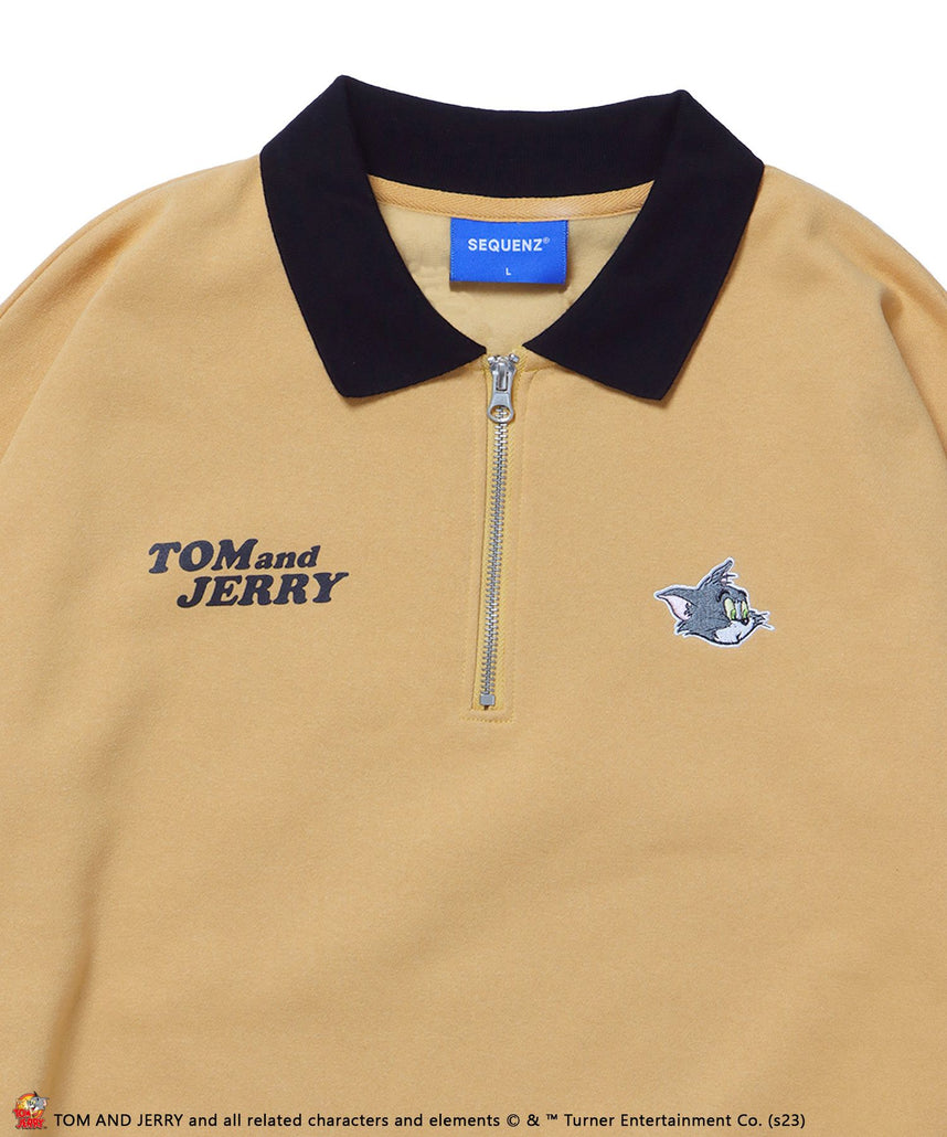 TOM and JERRY PEAR HALF ZIP POLO SWEAT / トムとジェリー ストリート 古着風 ロゴ ペアコーデ ハーフジップ  プルオーバー キャメル