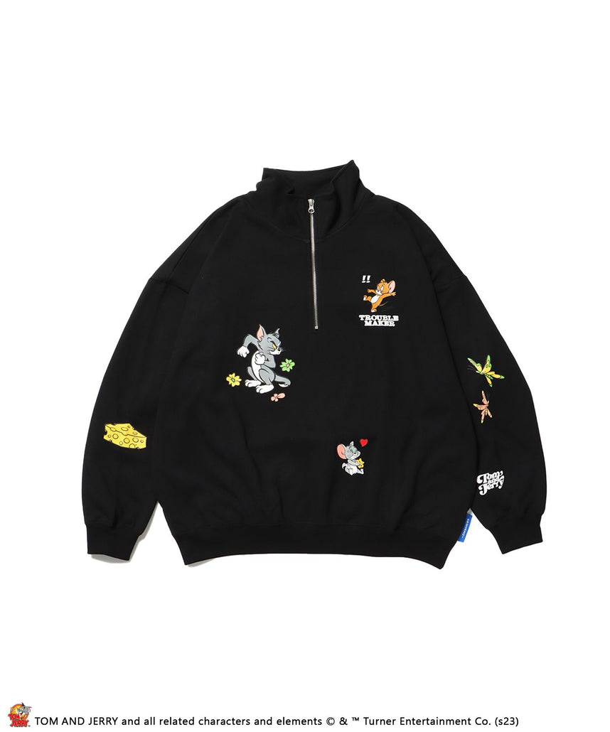 【SEQUENZ】TOM and JERRY CHASE HALF ZIP SWEAT / トムとジェリー ストリート 古着風 ロゴ ペアコーデ プルオーバー バーフジップ ブラック