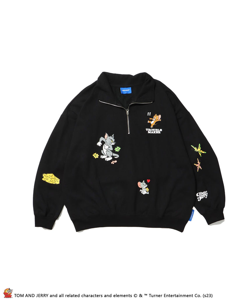 【SEQUENZ】TOM and JERRY CHASE HALF ZIP SWEAT / トムとジェリー ストリート 古着風 ロゴ ペアコーデ プルオーバー バーフジップ ブラック