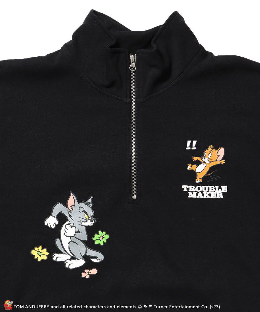 TOM and JERRY CHASE HALF ZIP SWEAT / トムとジェリー ストリート 古着風 ロゴ ペアコーデ プルオーバー バーフジップ ブラック