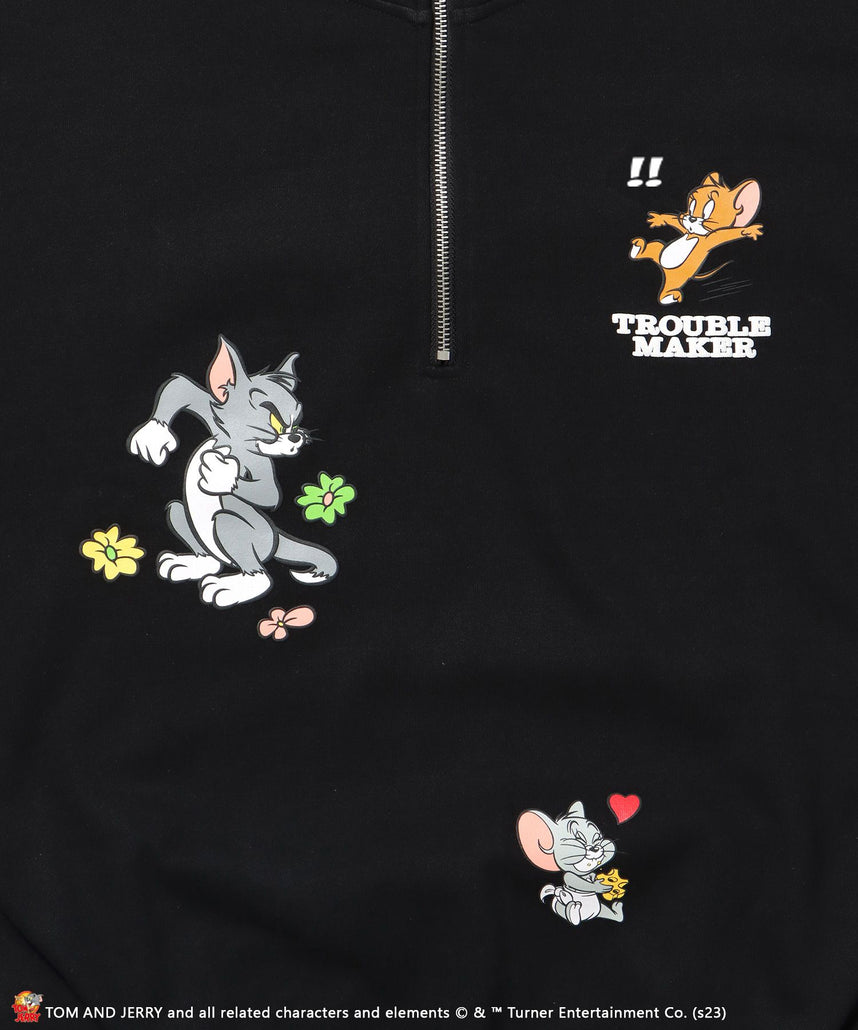 TOM and JERRY CHASE HALF ZIP SWEAT / トムとジェリー ストリート 古着風 ロゴ ペアコーデ プルオーバー バーフジップ ブラック