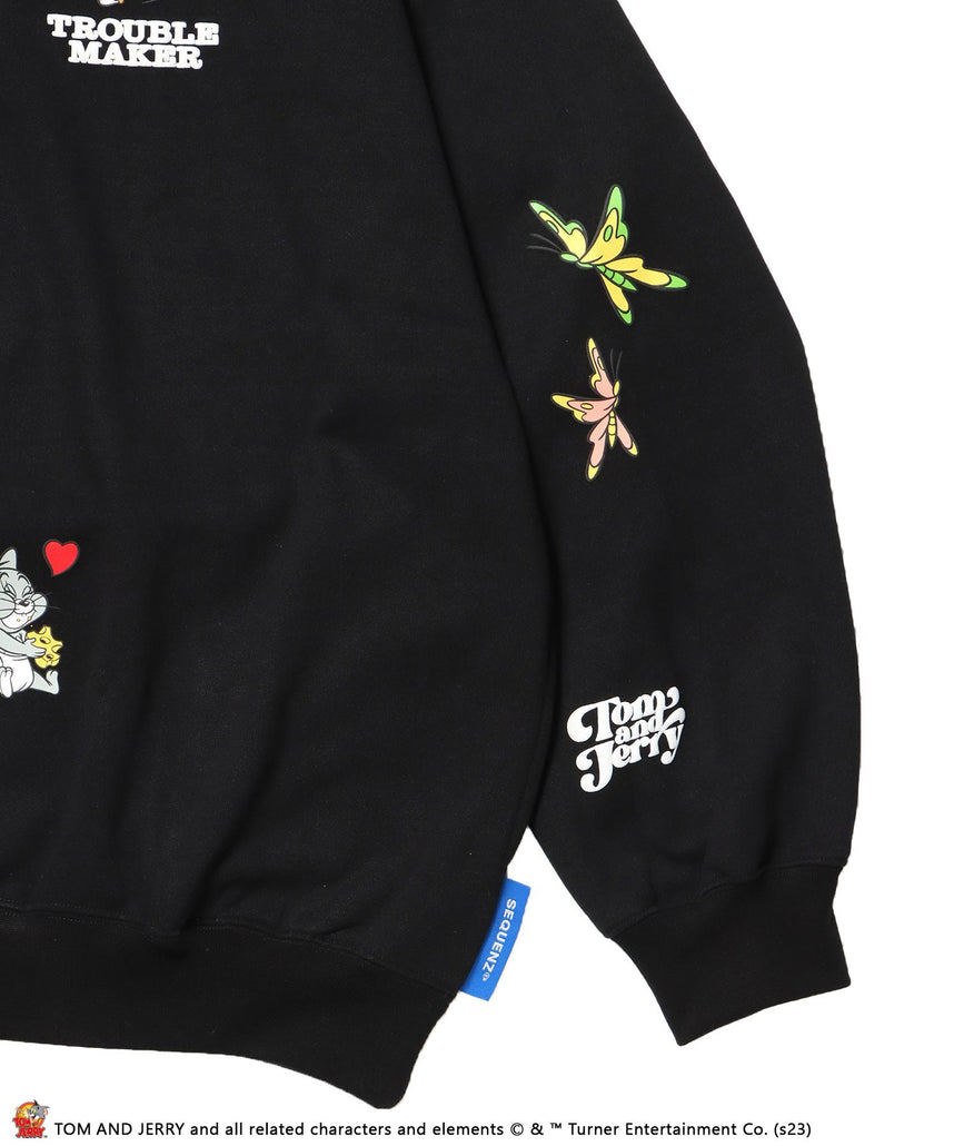 TOM and JERRY CHASE HALF ZIP SWEAT / トムとジェリー ストリート 古着風 ロゴ ペアコーデ プルオーバー バーフジップ ブラック