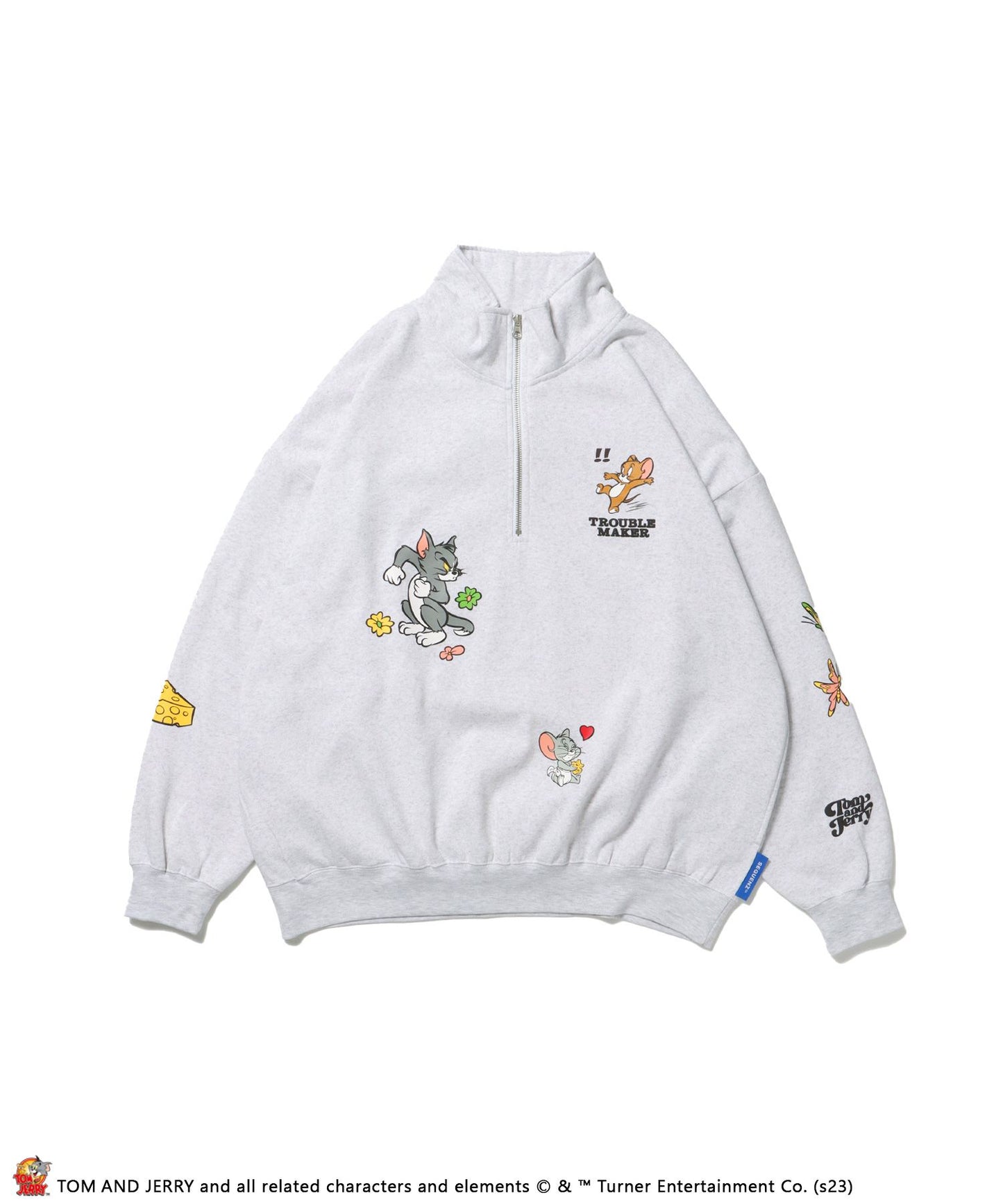 【SEQUENZ】TOM and JERRY CHASE HALF ZIP SWEAT / トムとジェリー ストリート 古着風 ロゴ ペアコーデ プルオーバー バーフジップ アイボリー