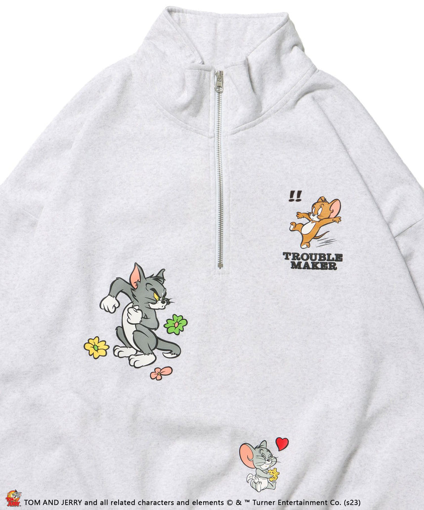 TOM and JERRY CHASE HALF ZIP SWEAT / トムとジェリー ストリート 古着風 ロゴ ペアコーデ プルオーバー バーフジップ アイボリー