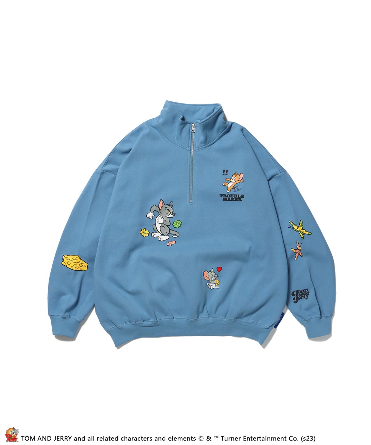 【SEQUENZ】TOM and JERRY CHASE HALF ZIP SWEAT / トムとジェリー ストリート 古着風 ロゴ ペアコーデ プルオーバー バーフジップ ターコイズブルー