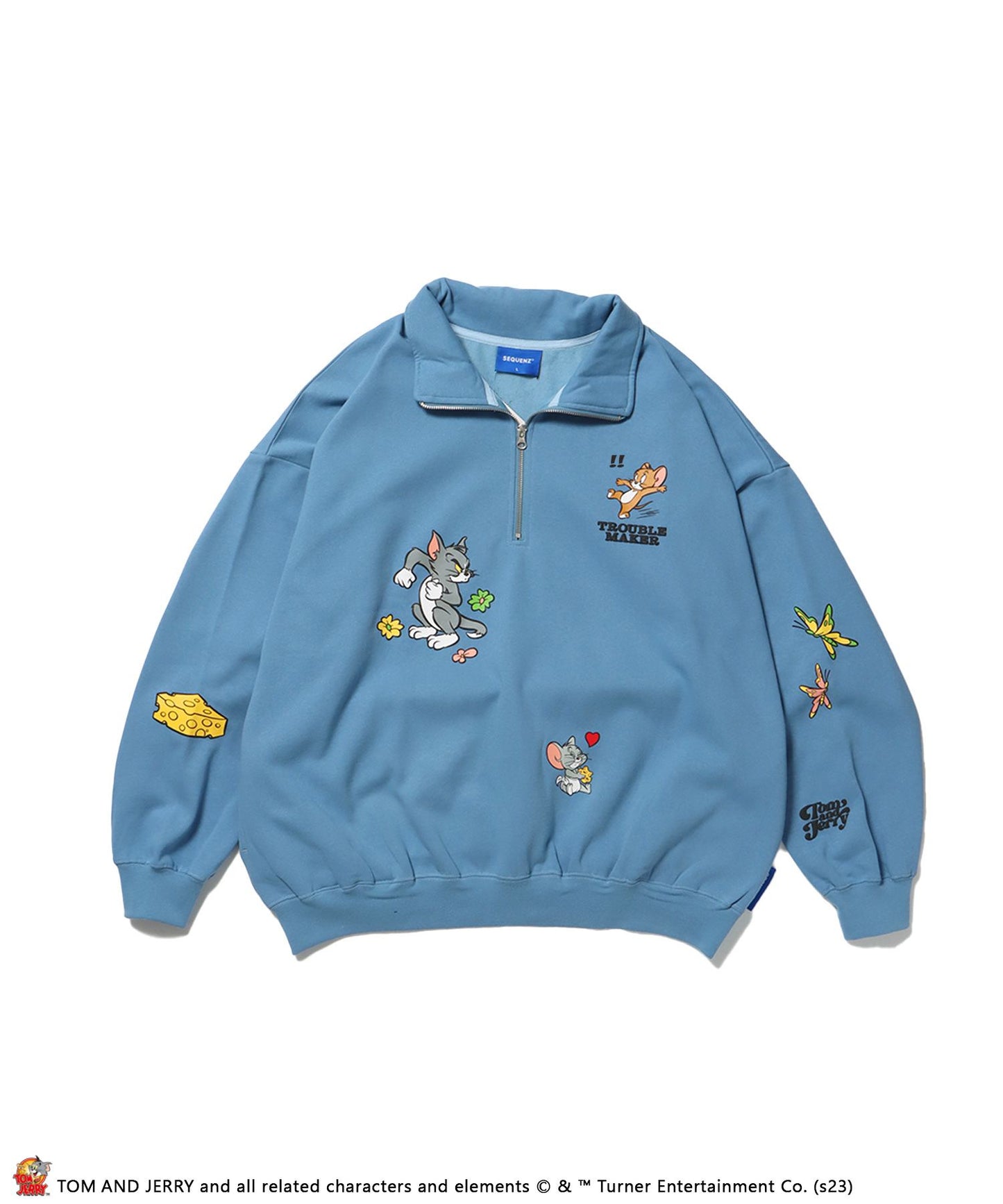 【SEQUENZ】TOM and JERRY CHASE HALF ZIP SWEAT / トムとジェリー ストリート 古着風 ロゴ ペアコーデ プルオーバー バーフジップ ターコイズブルー