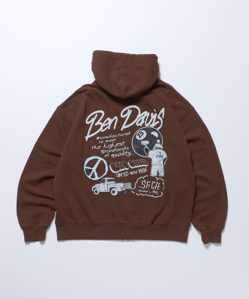 【BEN DAVIS(ベンデイビス)】TAGGING HARD-WASH ZIP HOODIE / 裏毛 ロゴ ビッグ スウェット ジップパーカー フーディー ブランドロゴ 刺繍 ブラウン
