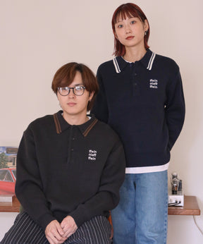 三段ロゴアソート襟ポロニット / ポロシャツ ニット ボーダー 刺繍 ワンポイント ブラック