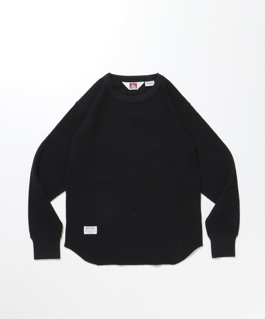 WAFFLE L/S CREW / ビッグシルエット ワッフル クルーネック 長袖 レイヤード ブラック