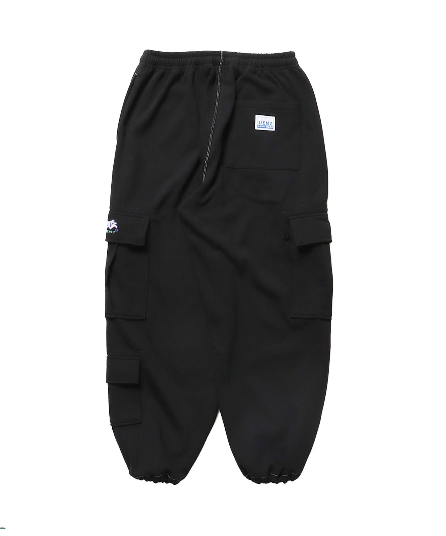 【SEQUENZ】 90s UTILITY CARGO SWEAT PANTS / ロゴ 刺繍 カーゴ ポケット スウェット パンツ ドローコード ブランドネーム ワイドシルエット ブラック