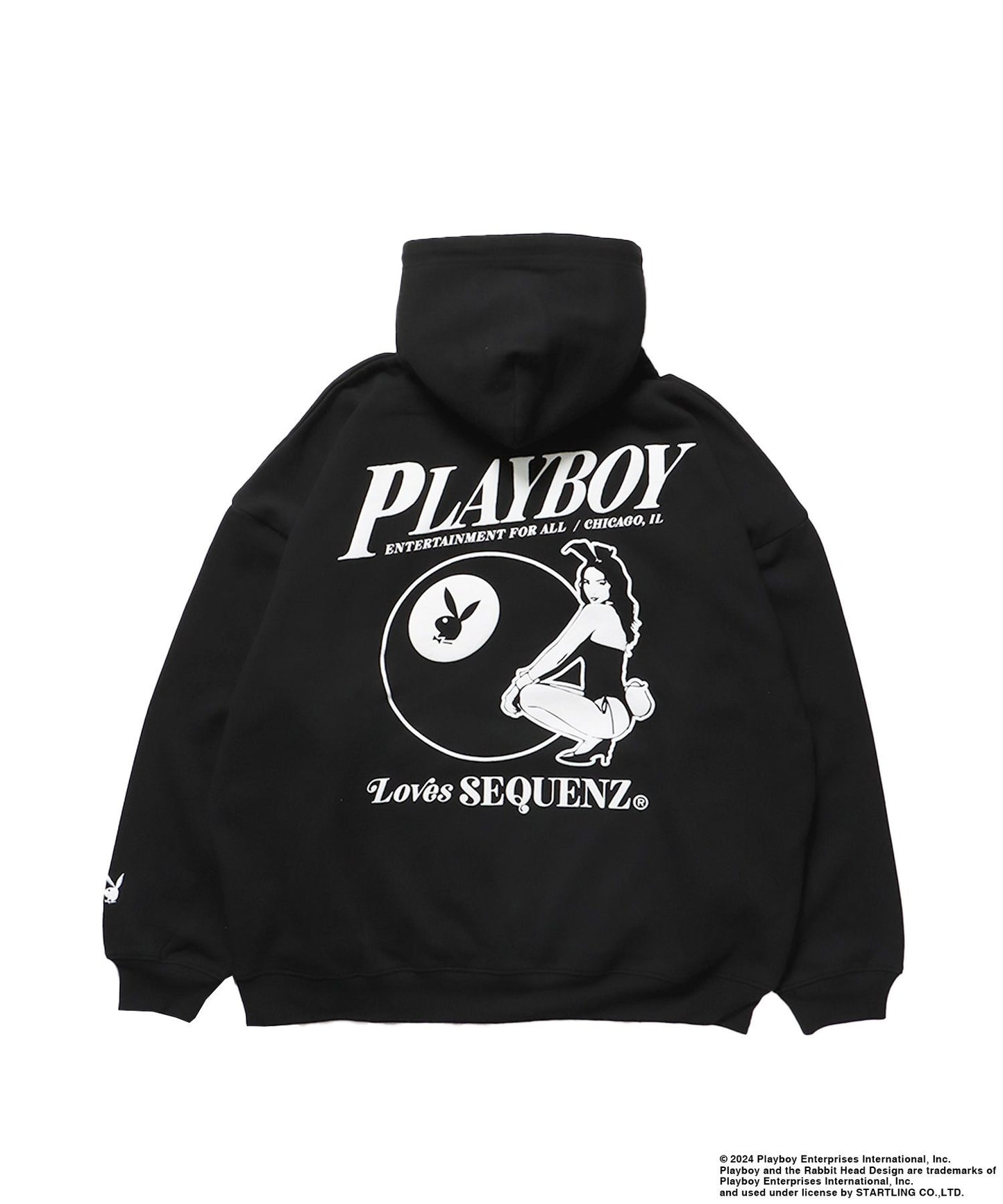 【SEQUENZ】PB BALL FADE ZIP HOODIE / プレイボーイ ビックサイズ フルジップ バニーヘッド ガール バイオウォッシュ フェード 古着 フード ピンボール ブラック