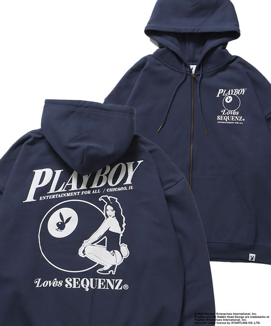 【SEQUENZ】PB BALL FADE ZIP HOODIE / プレイボーイ ビックサイズ フルジップ バニーヘッド ガール バイオウォッシュ フェード 古着 フード ピンボール ネイビー