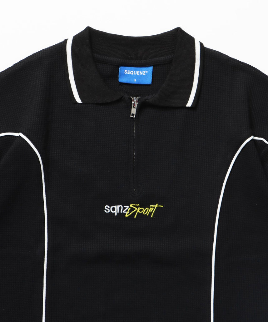 SQNZ SPORT ZIP POLO S/S THERMAL / 衿付き ポロシャツ 配色 パイピング ブランドロゴ ワンポイント ハーフジップ ブラック