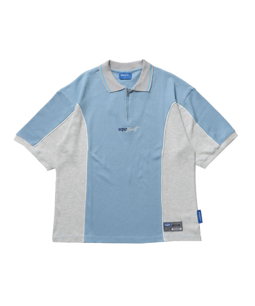 【SEQUENZ】SQNZ SPORT ZIP POLO S/S THERMAL / 衿付き ポロシャツ 配色 パイピング ブランドロゴ ワンポイント ハーフジップ スポーティー Tシャツ ゲームシャツ 襟ライン ブルー