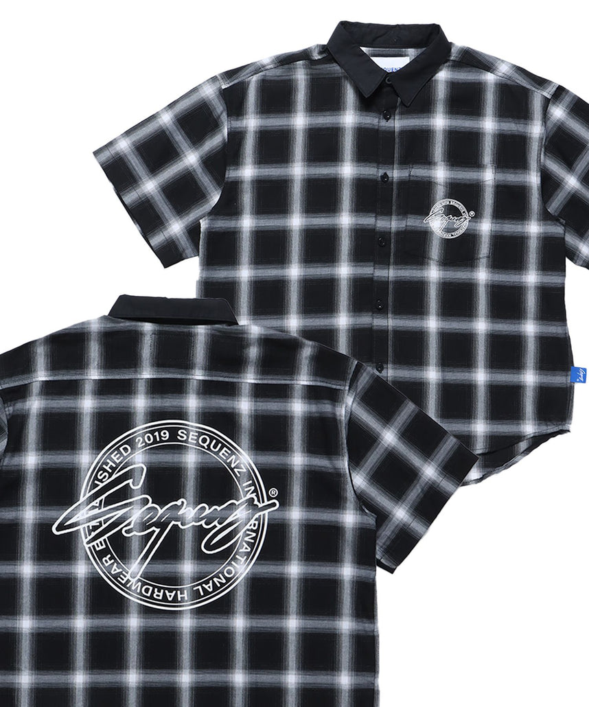 【SEQUENZ】CHECK CLERIC S/S SHIRT / 半袖シャツ オープンカラー オンブレチェック サークルロゴ ブランド ワンポイント 柄80