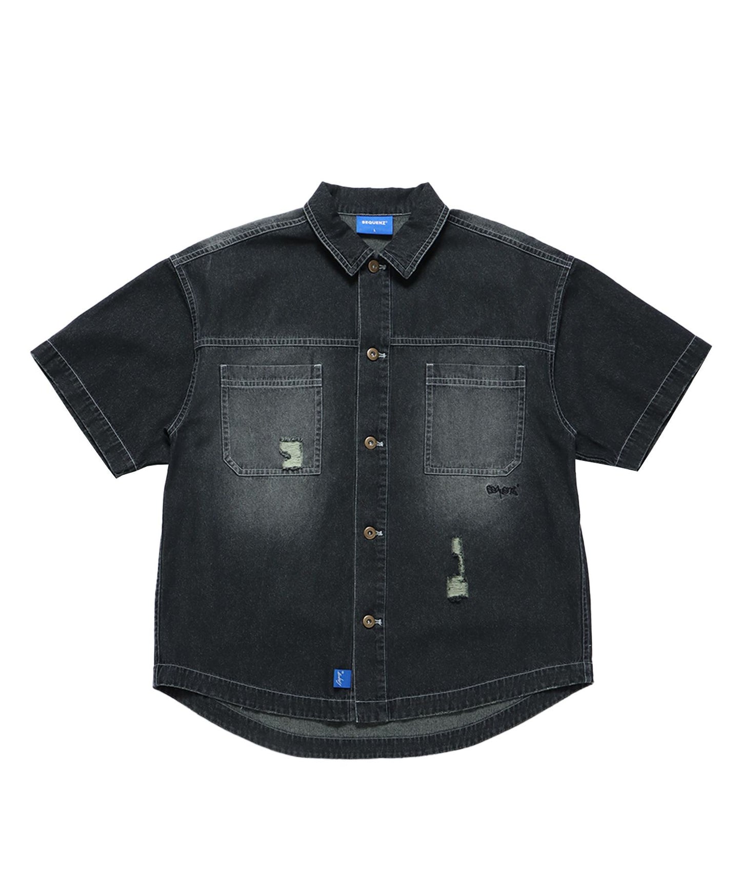 【SEQUENZ】CHECK CLERIC S/S SHIRT / 半袖シャツ オープンカラー オンブレチェック サークルロゴ ブランド ワンポイント ブラック