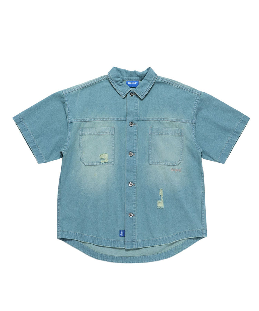 【SEQUENZ】CHECK CLERIC S/S SHIRT / 半袖シャツ オープンカラー オンブレチェック サークルロゴ ブランド ワンポイント ブルー