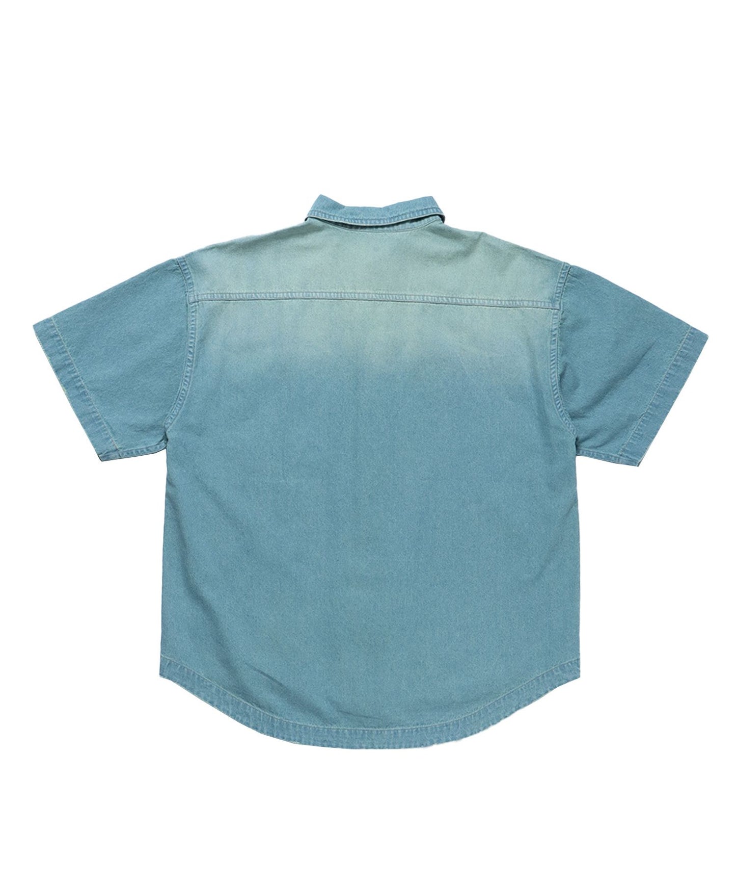 WASHED LIGHT SLUB DENIM S/S SHIRT / 半袖シャツ レギュラーカラー デニム ダメージ ワンポイント 刺繍 オーバーダイ フェード ブルー