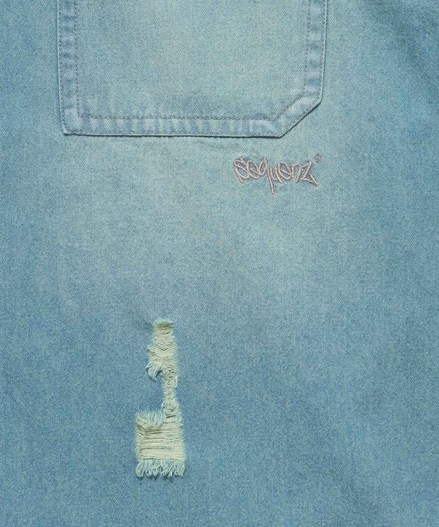 WASHED LIGHT SLUB DENIM S/S SHIRT / 半袖シャツ レギュラーカラー デニム ダメージ ワンポイント 刺繍 オーバーダイ フェード ブルー