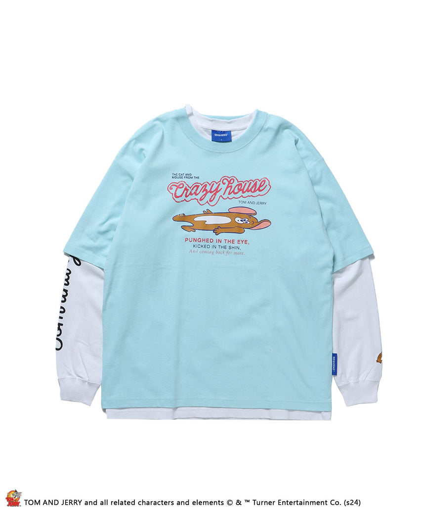 【SEQUENZ】 TJ VINTAGE LIKE TEE LAYERED / 半袖Tシャツ ロンT 2枚セット ワンポイント バックプリント レイヤード 長袖Tシャツ TOM&JERRY ブルー