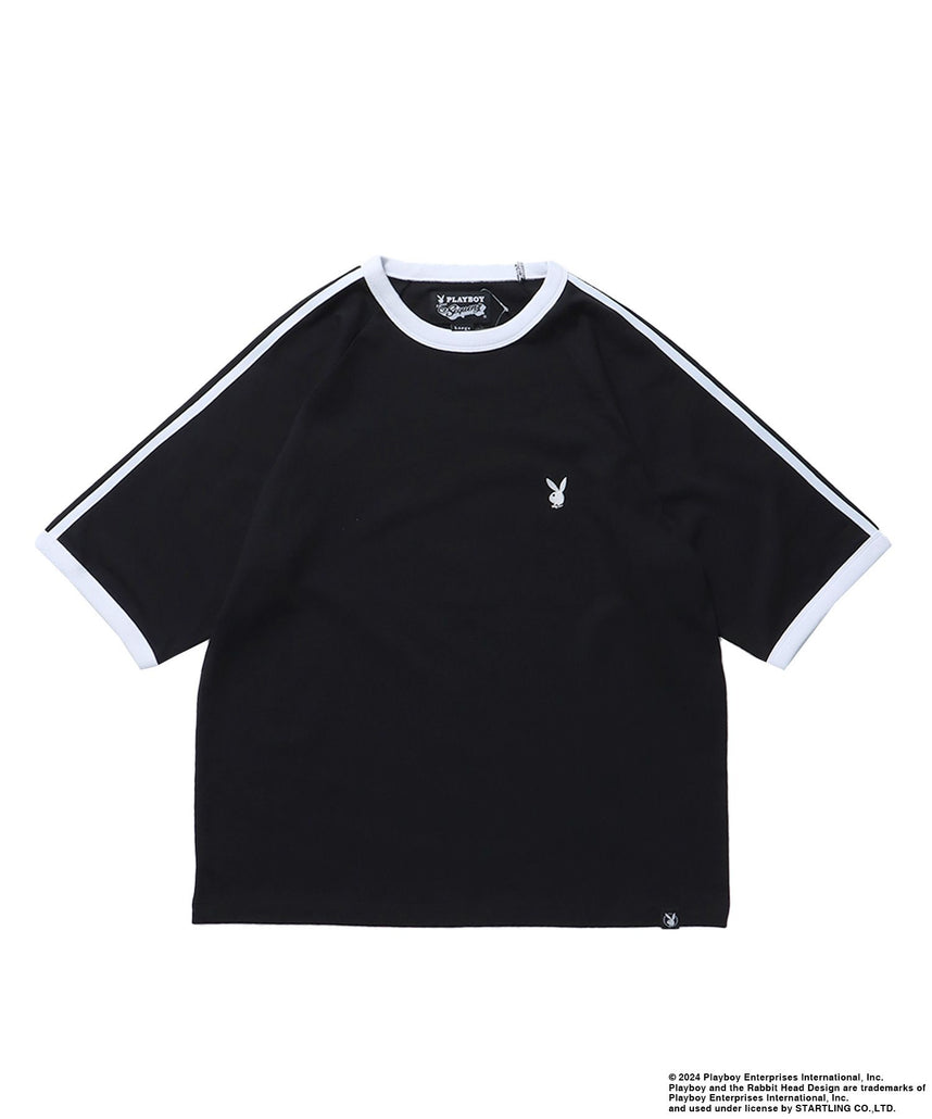 【SEQUENZ】PBHC SPORTS TRIM S/S TEE / プレイボーイ ラグラン 半袖Tシャツ バックプリント 刺繍 ブランドロゴ ガール ブラック